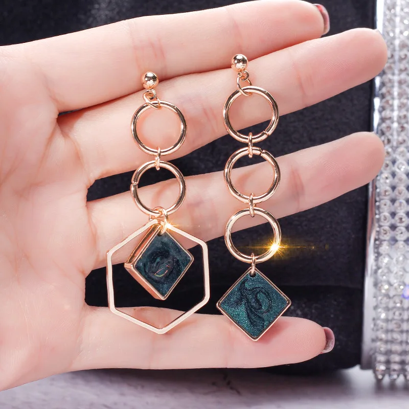 

Geometric rhombic asymmetric earrings with long tassel and europe and america earrings with personality circle, As picture