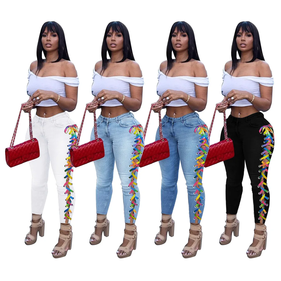 

Brand Women Clothing 2021 Stitched Denim With Strings And Bandage Jeans Mid Waist Plus Size Pants & Jeans