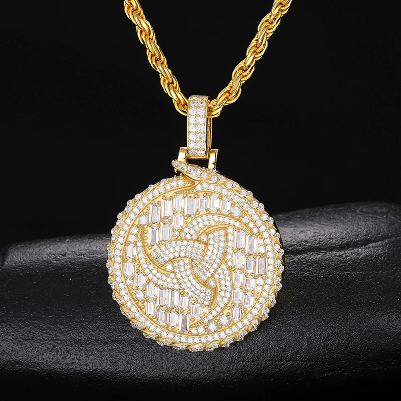 

High Quality Baguette Moissanite Round Coin Pendant 925 Sterling Silver Lab VVS Diamond Iced Out Tourbillion Charm Necklace Men