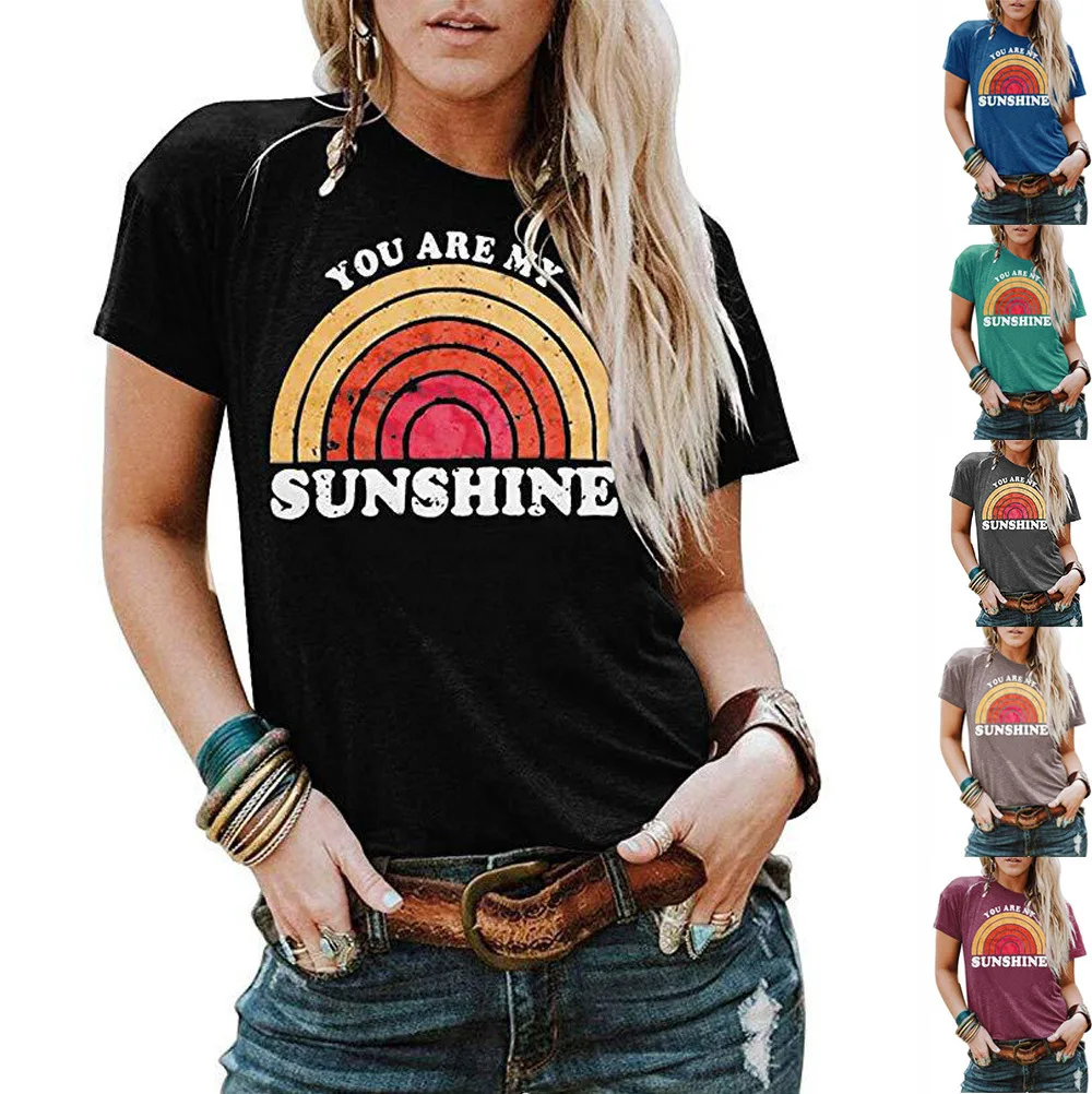 

WW-0241 You Are My Sunshine Letters Printing Round Collar Short Sleeve T-shirt Trending 2020 Tops For Women Ladies, Customized color