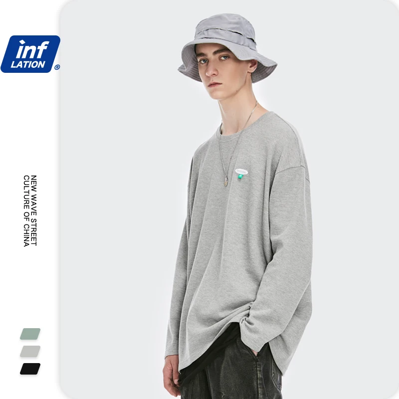 

Wholesale Men Long Sleeve T-shirt For Autumn Waffle O-neck Basic Plus Plain Size T-shirt, Grey,black,gray green