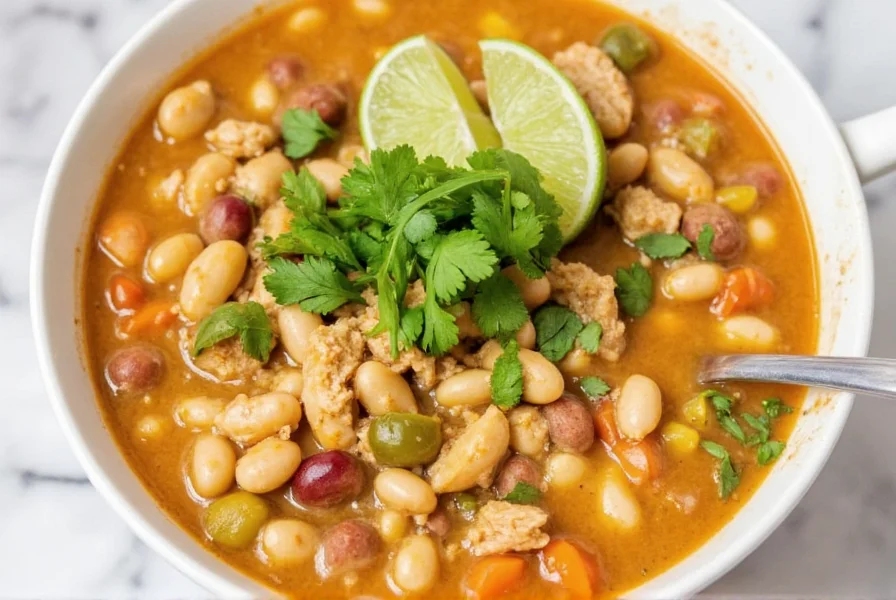 Finished white bean chicken chili in slow cooker topped with fresh cilantro and lime wedges