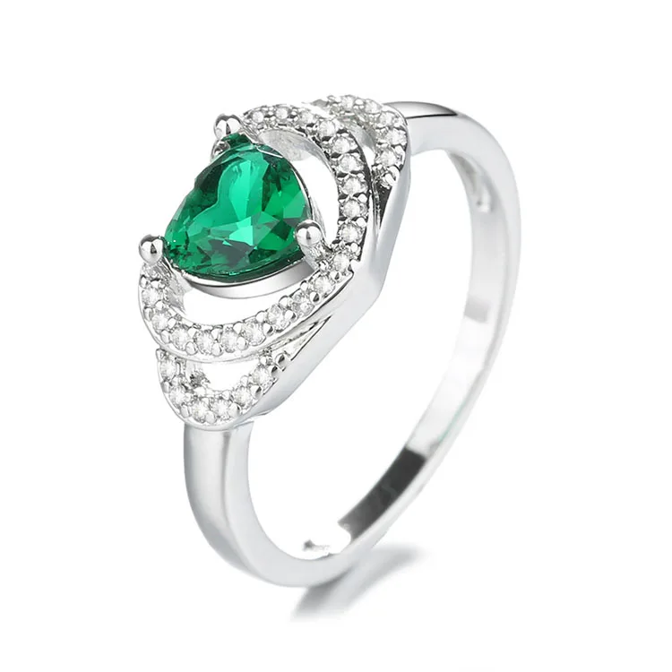 

New Fashion Jewlery Green Heart Diamond Lover Ring Double Colors Emerald Female Wedding Rings, Rose gold, gold, silver