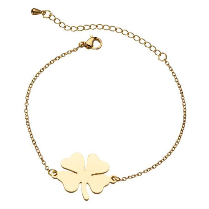 

High Quality Tarnish Free Gold Silver Plated Stainless Steel Chain Woman Girls Charm Four Leaf Clover Bracelet Jewelry, As photo shows