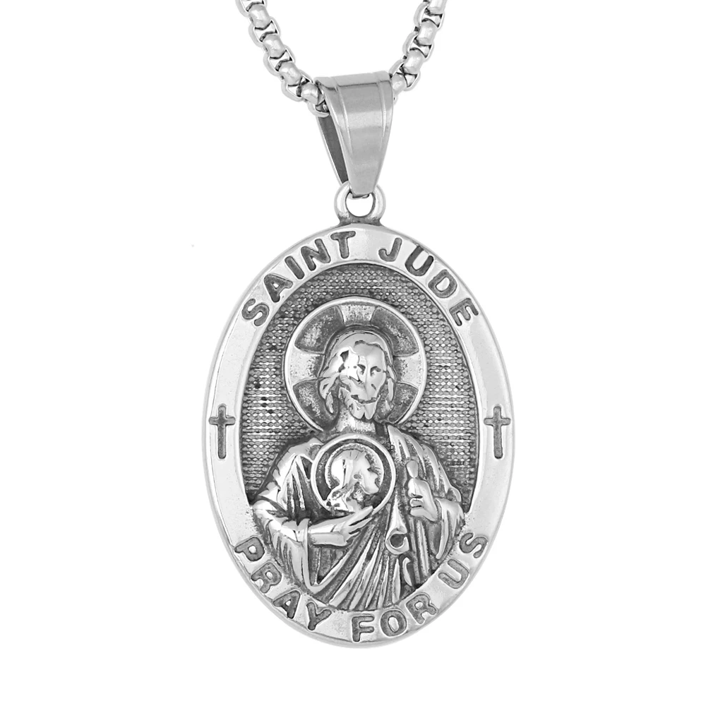 

Wholesale Custom Vintage Catholic Religion Jewelry Pingente Stainless Steel Saint Jude Oval Pendant For Men Women