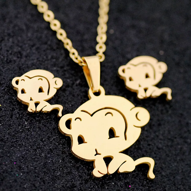 

Ruigang Hotsale Stainless Steel Animal Pendant Earring Set Cute Gold Plated Monkey Necklace For Women, Picture