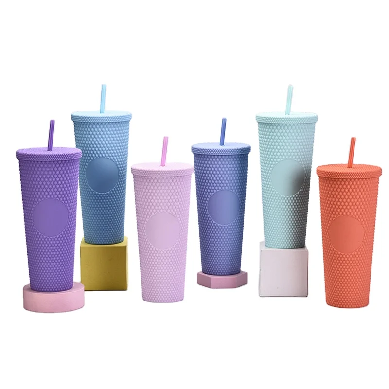 

2021 hot sale 710 ml double layer plastic straw durian cup diamond colorful customize Matte studded straw durian tumbler