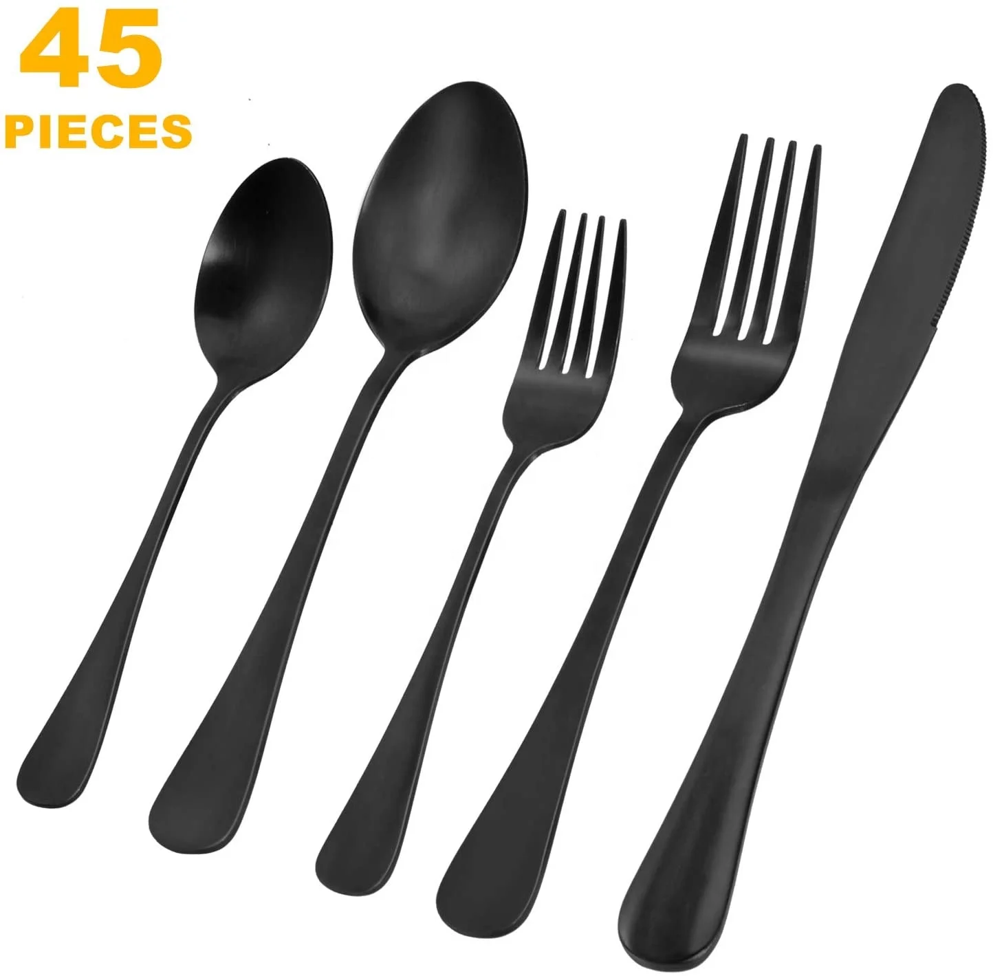 

45 Piece Black Silverware Set Stainless Steel Matte Flatware Set Cutlery Utensil Service for 8 with Large Spoon Fork Knife Set