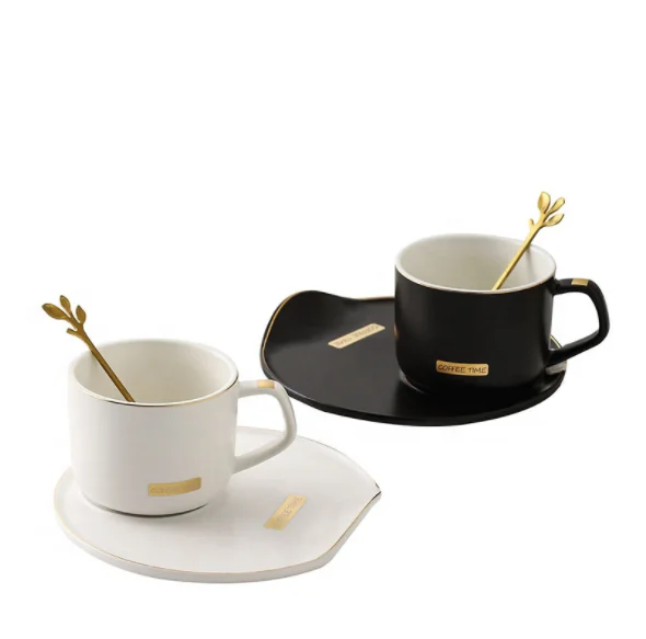 

Gold afternoon tea couple with spoon ceramic coffee cup and saucer set