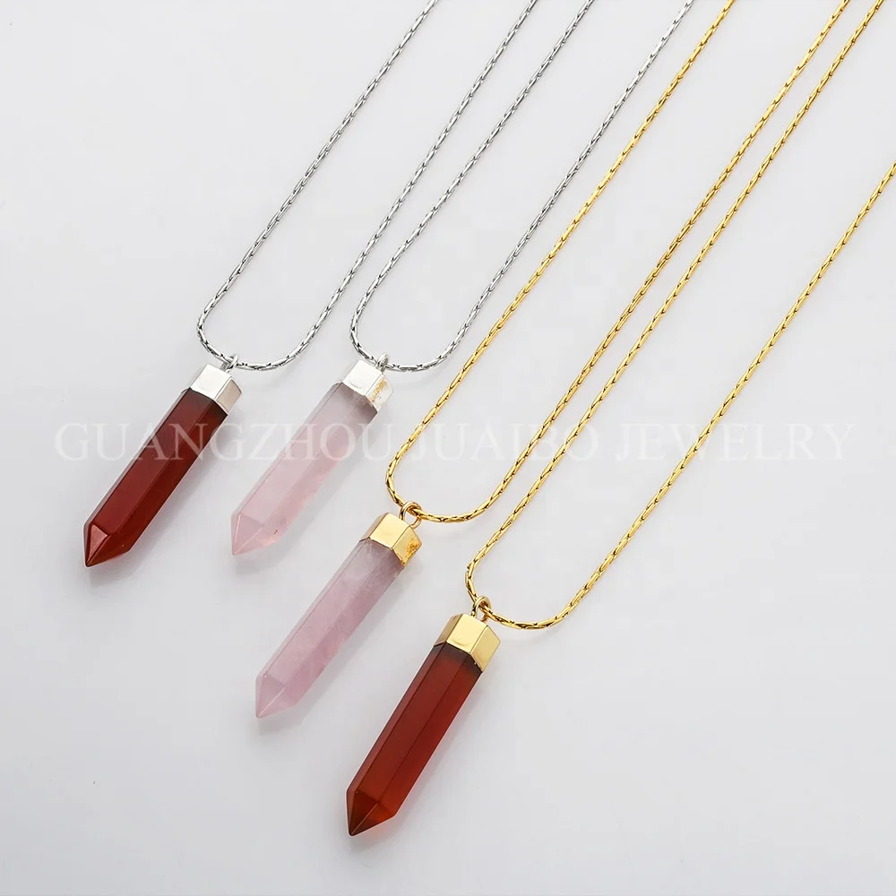 

Waterproof Stainless Steel Fashion wand shape Natural Crystal Point jewelry necklace for women