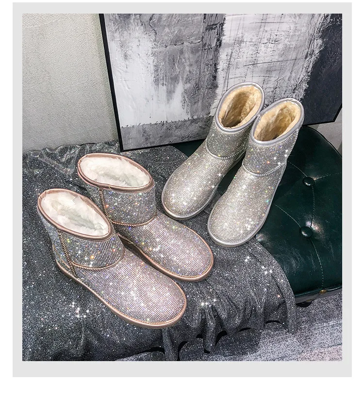 

High Quality Rhinestone Real Wool Fur Ankle Snow Boots Winter Warm Woman Boots Sheepskin Shoes, Silver, champagne