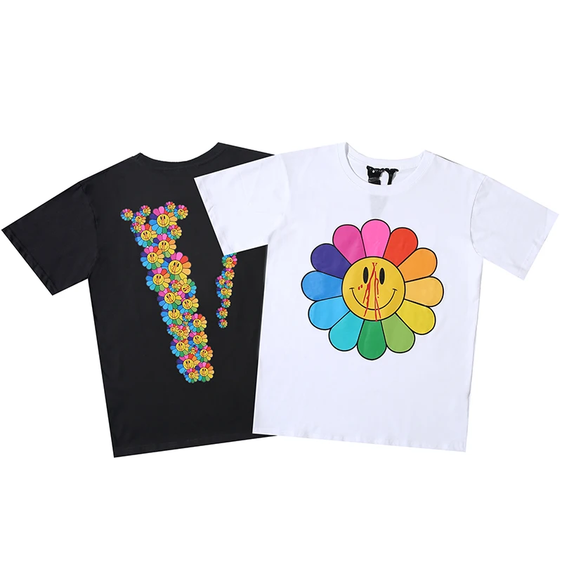 

Wholesale high quality sunflower smiley face print T shirt men's cotton casual T shirt short sleeve Vlones