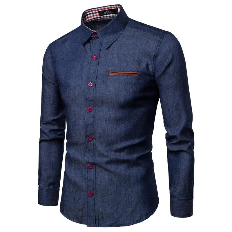 

New Style Custom Men's Casual Dress Shirt Leather Double Jetted Pocket Contrast Button Color 100% Cotton Denim Men Shirts, White, red, green, blue, navy