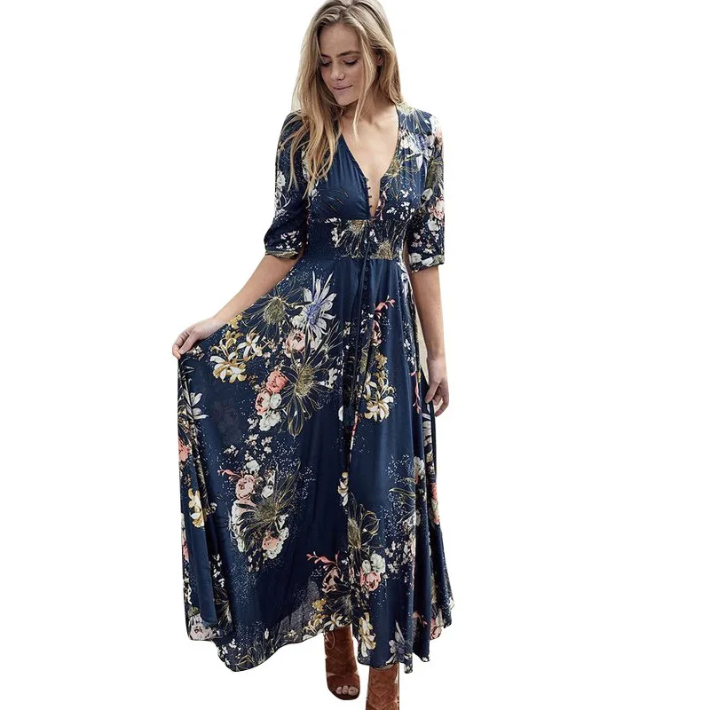 

2021 Summer Hot Sale Bohemian Printed V-Neck Button Fashion Casual Dress