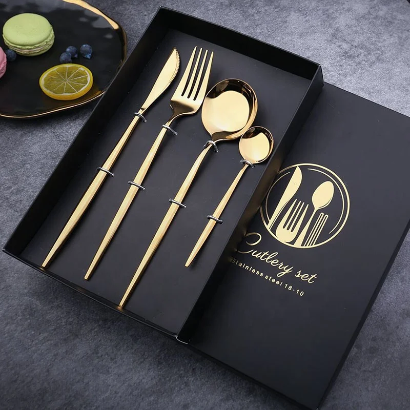 

4psc set tableware black spoon fork and knife rose gold cutlery flatware set wedding hotel dinnerware dining table set, As picture