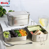 

Eco-friendly 2 layer bento lunchbox stainless steel bread box with clips reusable plastic-free