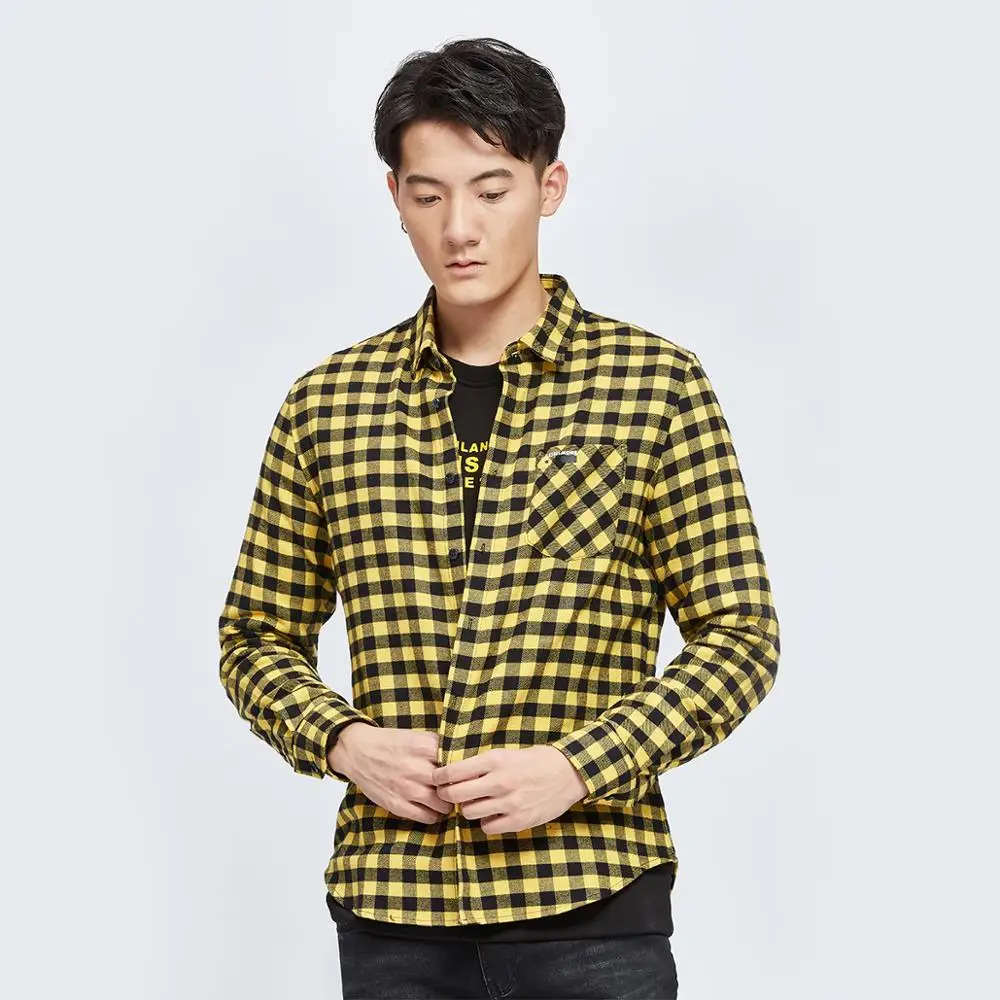 100% cotton high quality heavy weight black yellow plaid mens causal shirts  mens shirts