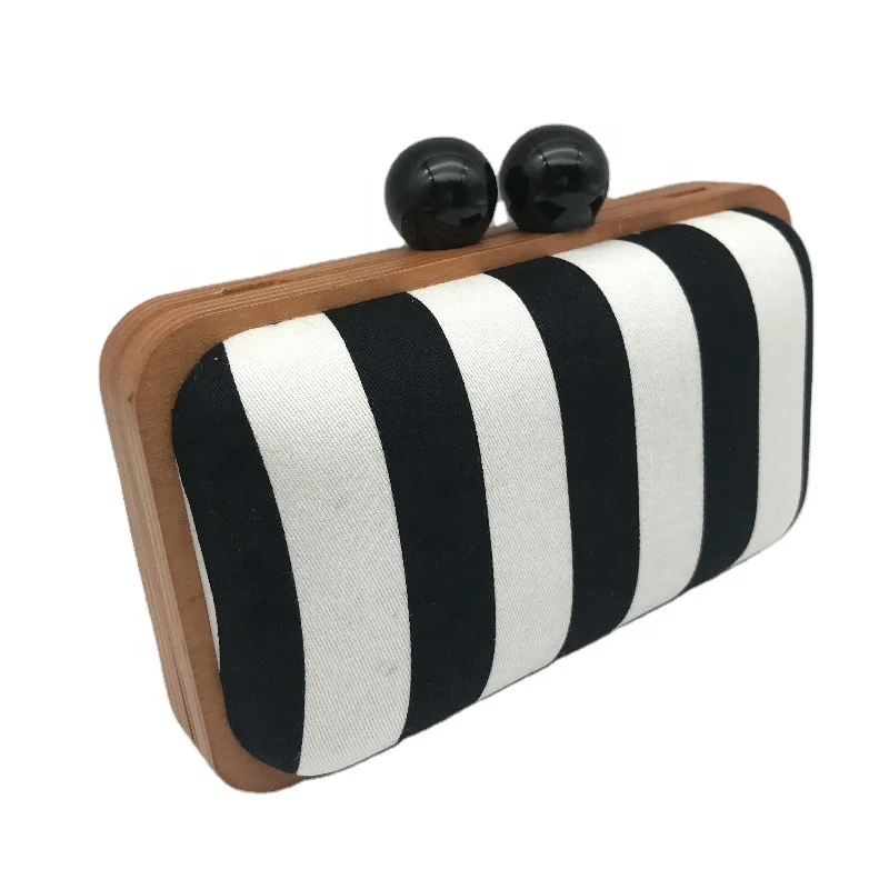 

black and white striped fabric evening bag wooden frame acrylic ball ladies party clutch handbag