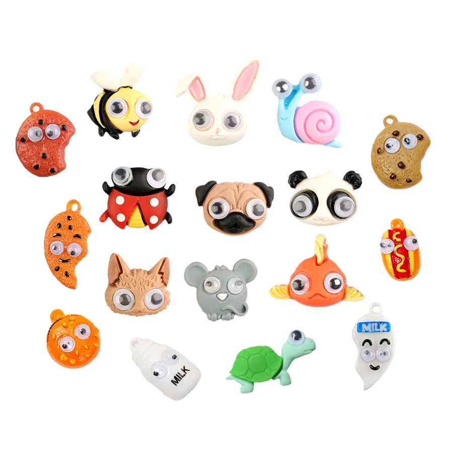 

hot sale lovely movable eye animal food design flat back resin charms for keyring pendant