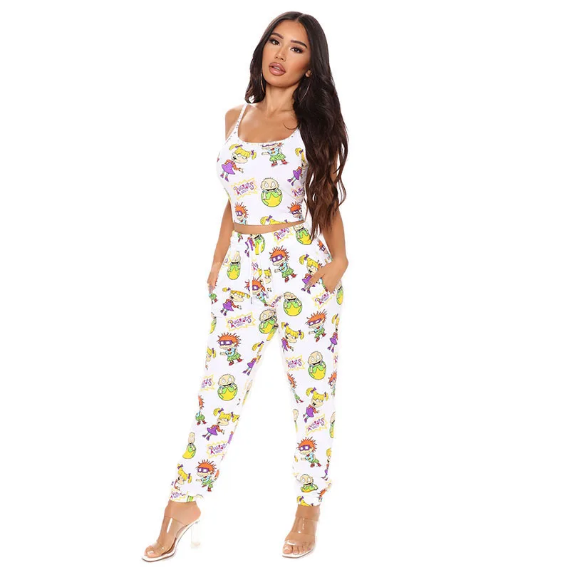 

RaHB990 two piece pants sets women leisure wear sleeveless tops+pants cartoon printed, Shown