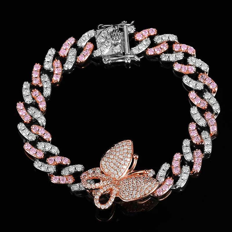 

Blues RTS Newest design 9mm copper color zircon single row cuban link chain butterfly bracelet