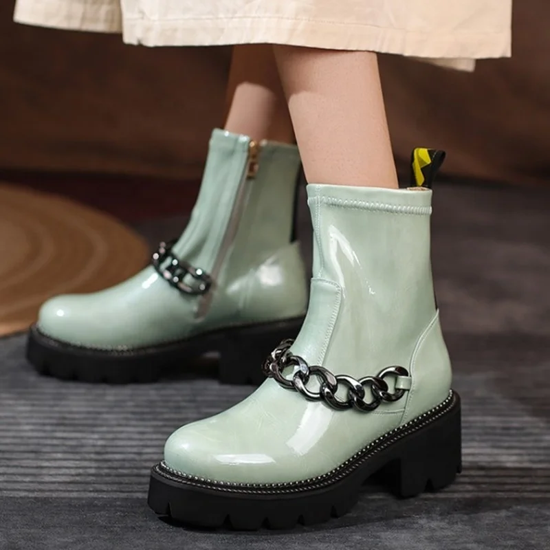 

Metal Chain Mirror Leather Women Ankle Boots Daily Shoes Booty Winter Warm Short Platform Anti-slip Chunky Heel Big Size 43, Black brown green