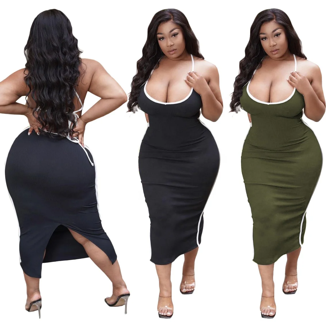 

New Design Women Plus Size Sexy 4XL Solid Color Slit Maxi Long Dresses Hollow Backless Tie Vest Skirts Sashes Tight Wear, Can be customized