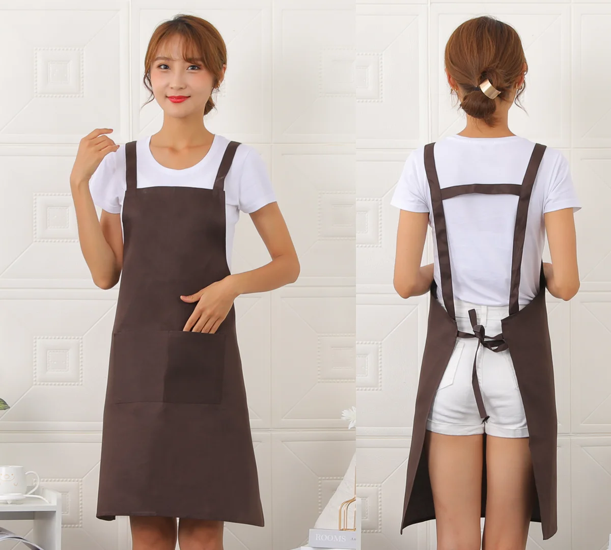 

Polyester Cotton Customized Advertising Printed Logo H-Type Double Shoulder Strap Coffee Shop Work Apron, Customized color