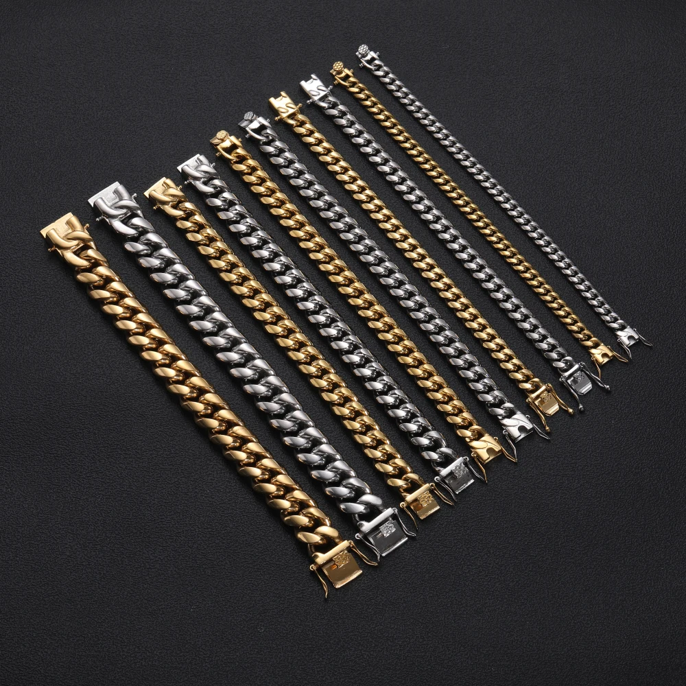 

TUNKALL SB003-SB007 8mm 10mm 12mm 14mm 18mm Stainless Steel Bracelet Cuban Chain Bling bling Necklace Hip Hop Jewelry