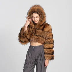 Hot Sale Womens Winter Coats Raccoon Fur Hooded Crop Jackets Bubble Real Fox Fur Coat