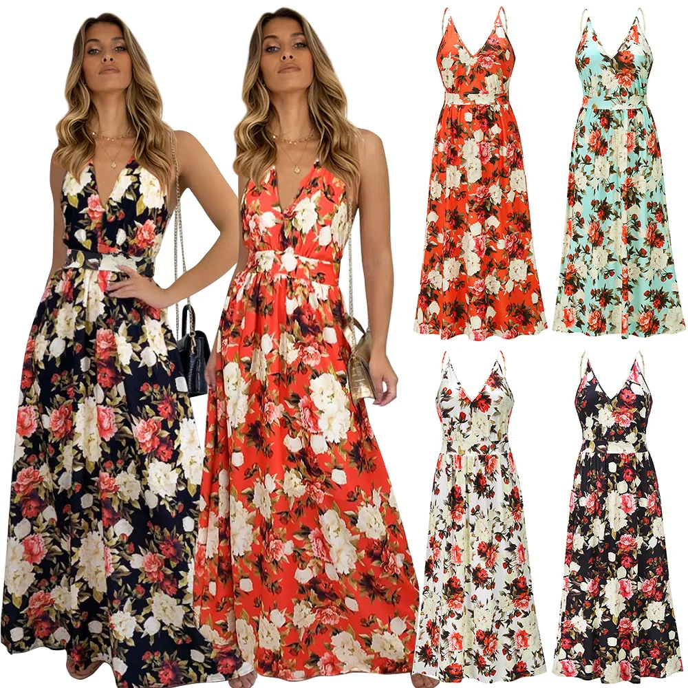 

Women's Summer Floral Dress Spaghetti Strap V Neck Sexy Beach Sundress