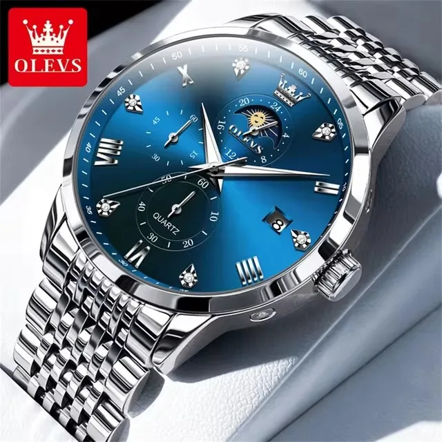 OLEVS 2925 Mens Watch Fashion Simple Multi Functional Waterproof Moon Phase Bracelet Business Luxury Men Quartz Watches Silver