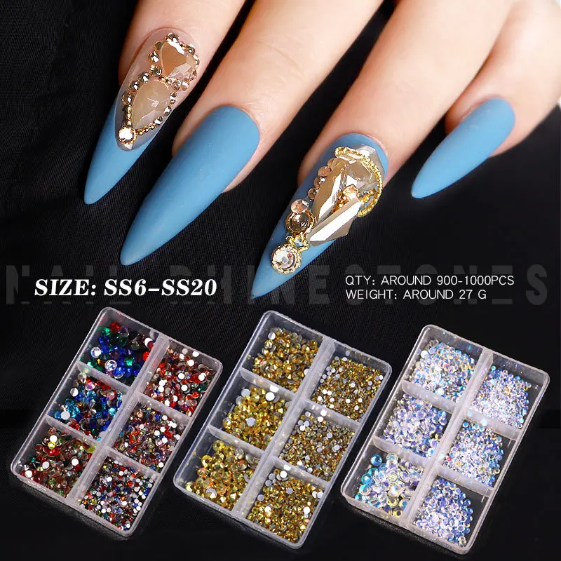 

6 Grids Mix Sizes Glass Crystal Non Hot Fix Rhinestone Set Flatback 3D Crystal Nail art Rhinestones Decorations For Garment/Nail, As pic show