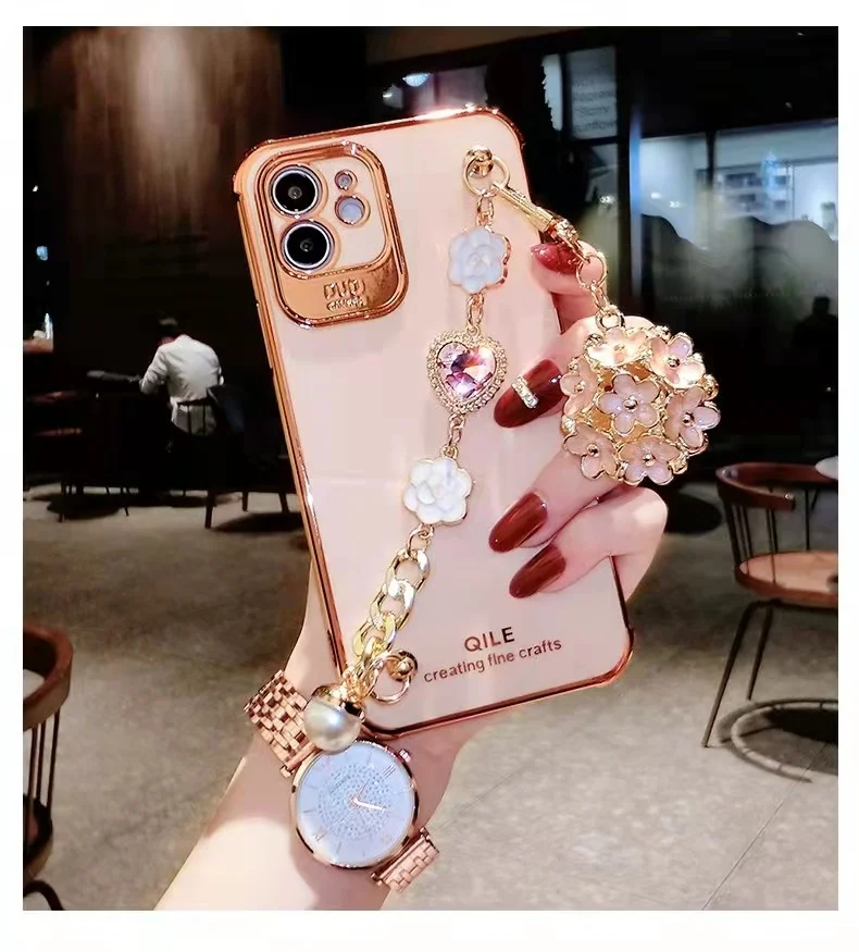 

Women Luxury electroplating tpu phone case for iPhone 12 13 pro max with bracelet, Multi colors