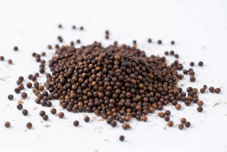 Close-up of high-quality whole black peppercorns in a wooden bowl with mortar and pestle