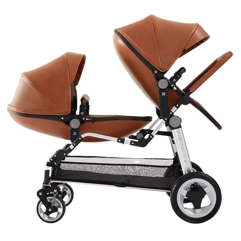 

PU leather egg seat 2 twin baby stroller carriage double eggshell folding stroller light luxury toddler stroller