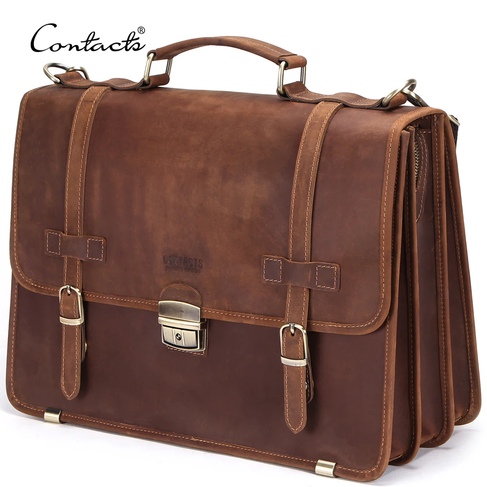 

contact's new arrival wholesale crazy horse leather luxury vintage waterproof anti theft man briefcase business for laptop, Coffee/customized