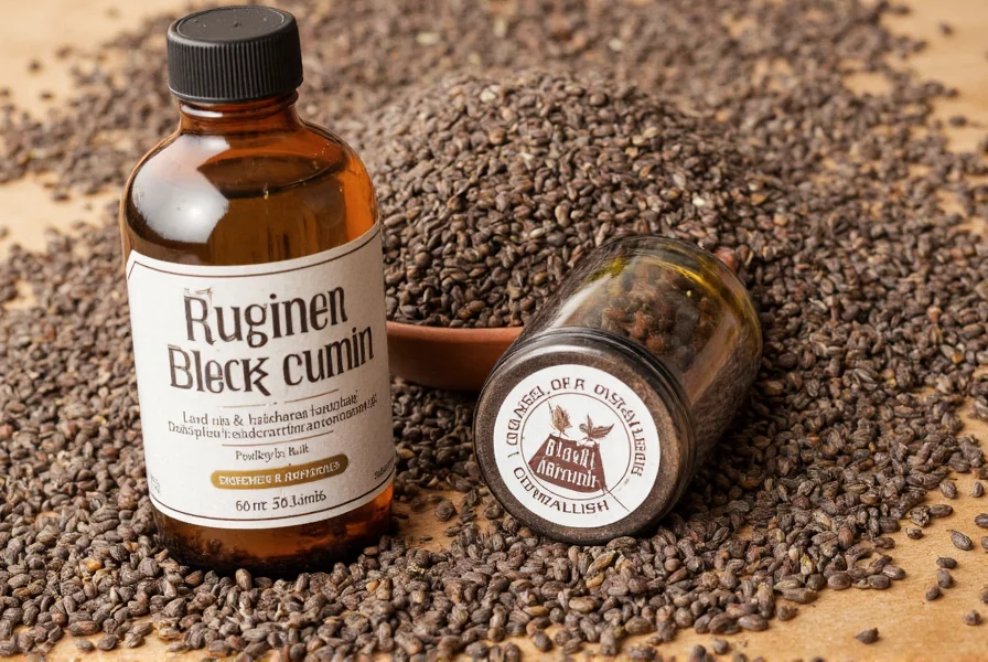 Variety of black cumin products including whole seeds, oil bottle, and supplement capsules arranged on wooden table