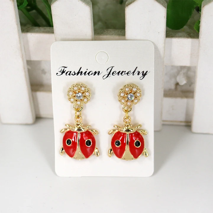 

Fashion Hot Sale Diamond Folwer Pearl Earrings Cute Red Ladybug Pendant Earrings for Women, Picture shows