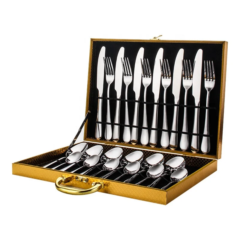 

24-pieces Wooden box packaging cutlery stainless steel Amazon cutlery Western tableware gold-plated steak cutlery set