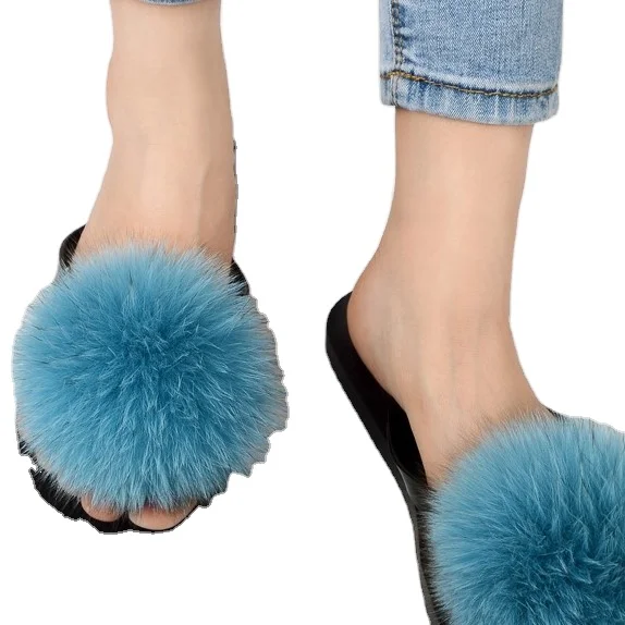 

2021 New Slim fit Fashion high quality fur slides shoes women fox fur slide slippers indoor and outdoor, Multicolor