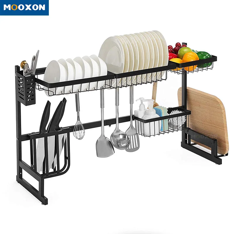 

Sink 85cm Stainless Steel Kitchen Storage Shelf Organizer Rack Over The Sink Dish Drying Rack, Black/silver