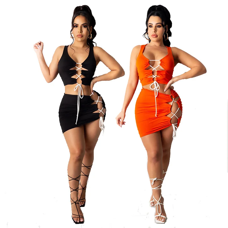 

2021 Hot Sale Solid Color Tight Club Dress Womens Two Piece Dresses Sets, Picture color