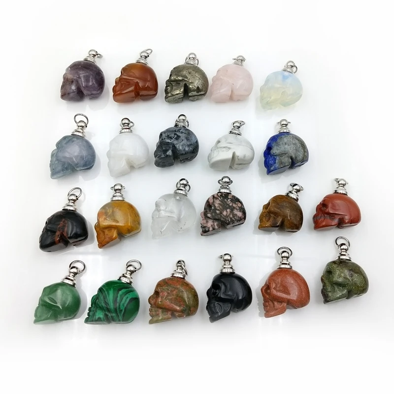 

Natural Healing Lucky Stone Hip Hop Perfume Bottle Quartz Skull Head Necklace Wholesale Essential Oil Designer Charm Jewellery, Rainbow