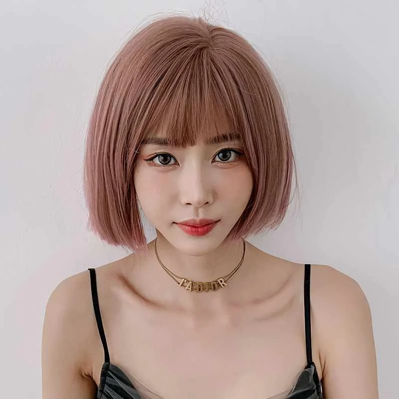 

TANNY Best Sell Wig Female Short Hair Air Bangs Fluffy Bob Head Pink Full Headgear Wigs