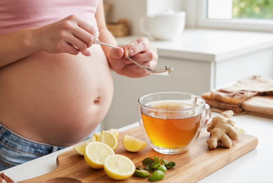 Pregnant woman preparing ginger tea with fresh ingredients