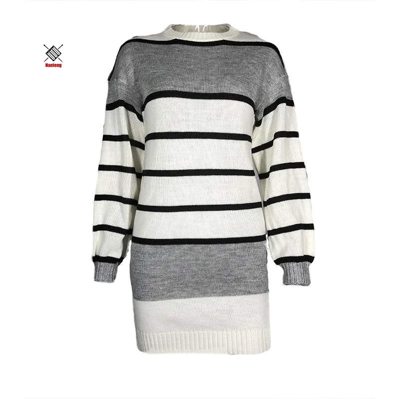 

Autumn Winter Long Sleeves Striped Corset Crew Neck Women Fashion Sweater Dress