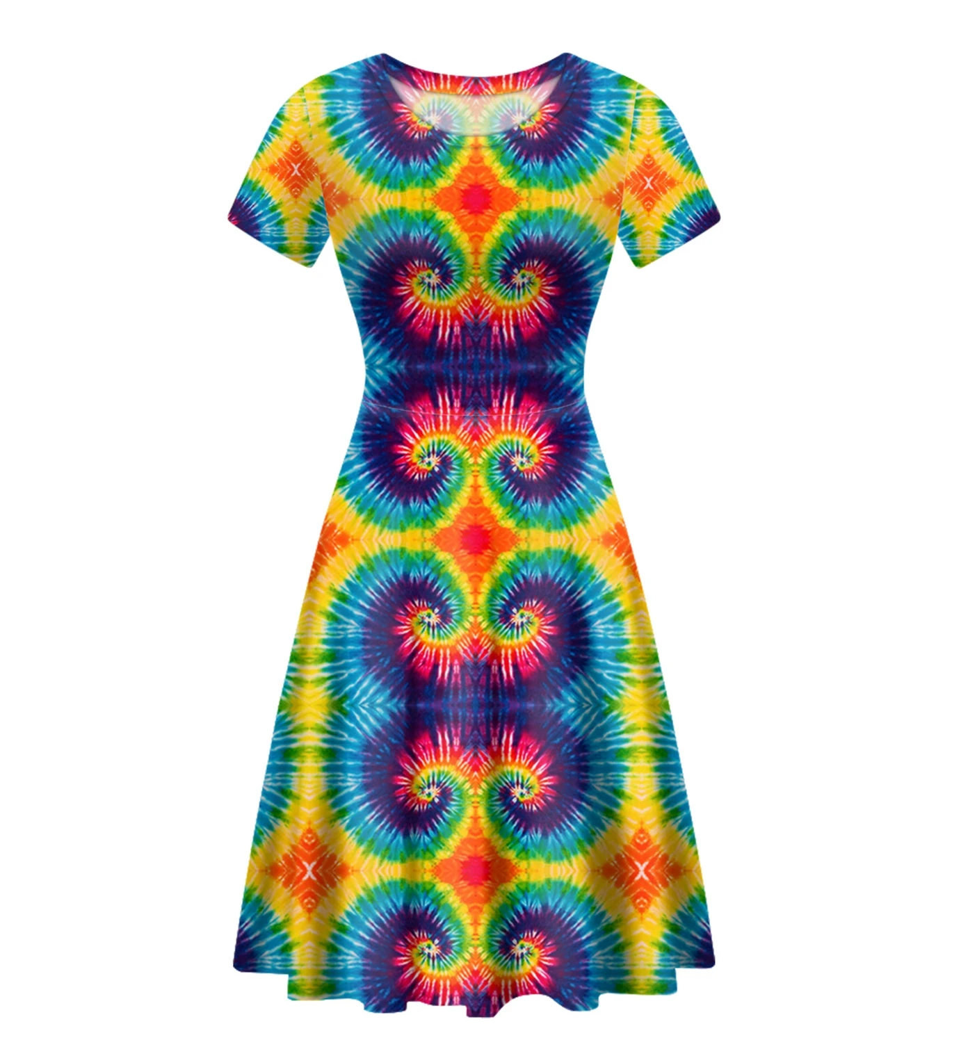 

Casual Dresses Women Lady Elegant Tie Dye Print O-Neck Fit Short Sleeve A-Line Party Summer Dress