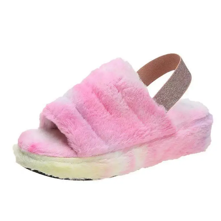 

2021 large size 42 sandals spring thick sole cross border new color sort plush fuzzy slippers women's fur sandals