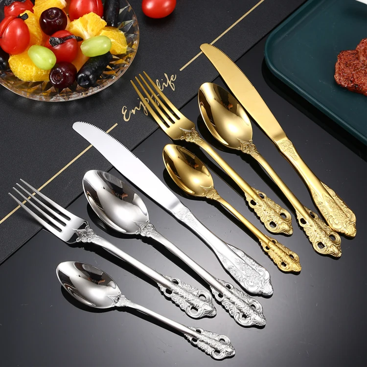 

Luxury Golden Plated Flatware Knife Fork Spoon Set Silverware Premium Stainless Steel Cutlery Set For Wedding Banquet, Gold/silver